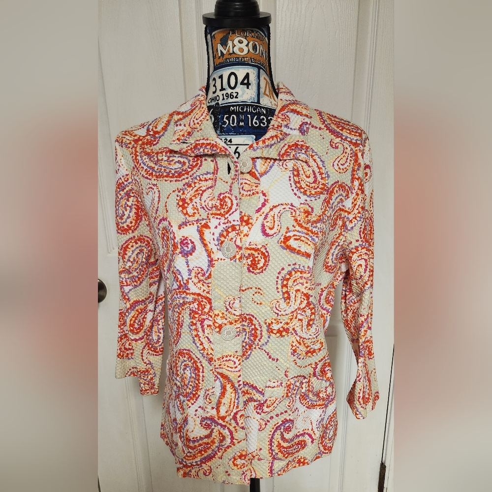 Vintage Linear Womens Jacket White Orange Purple Cotton Waffle Fabric